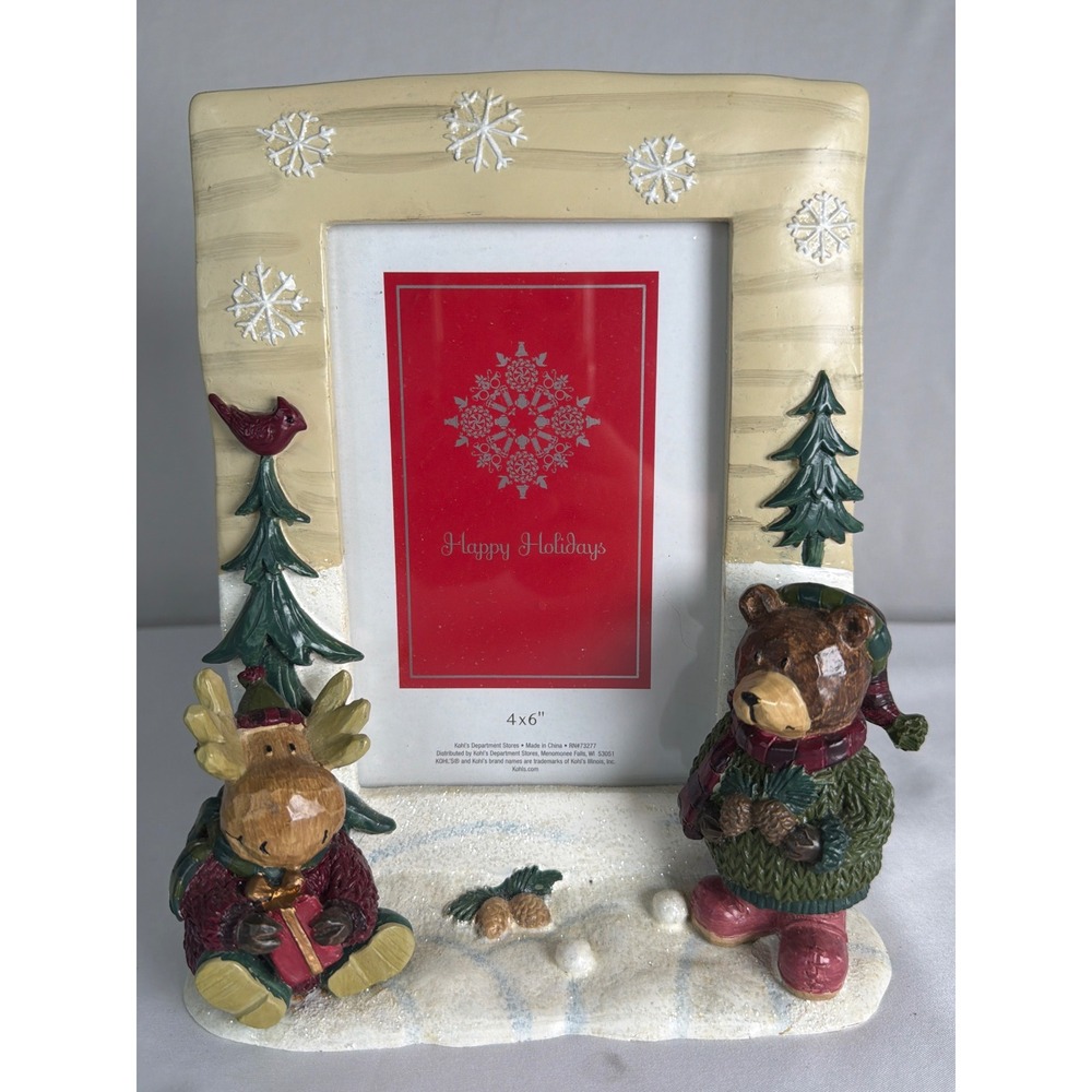VINTAGE Circa 2000 Winter Kohl's Bear Moose Picture Frame Unisex 4x6 Cream